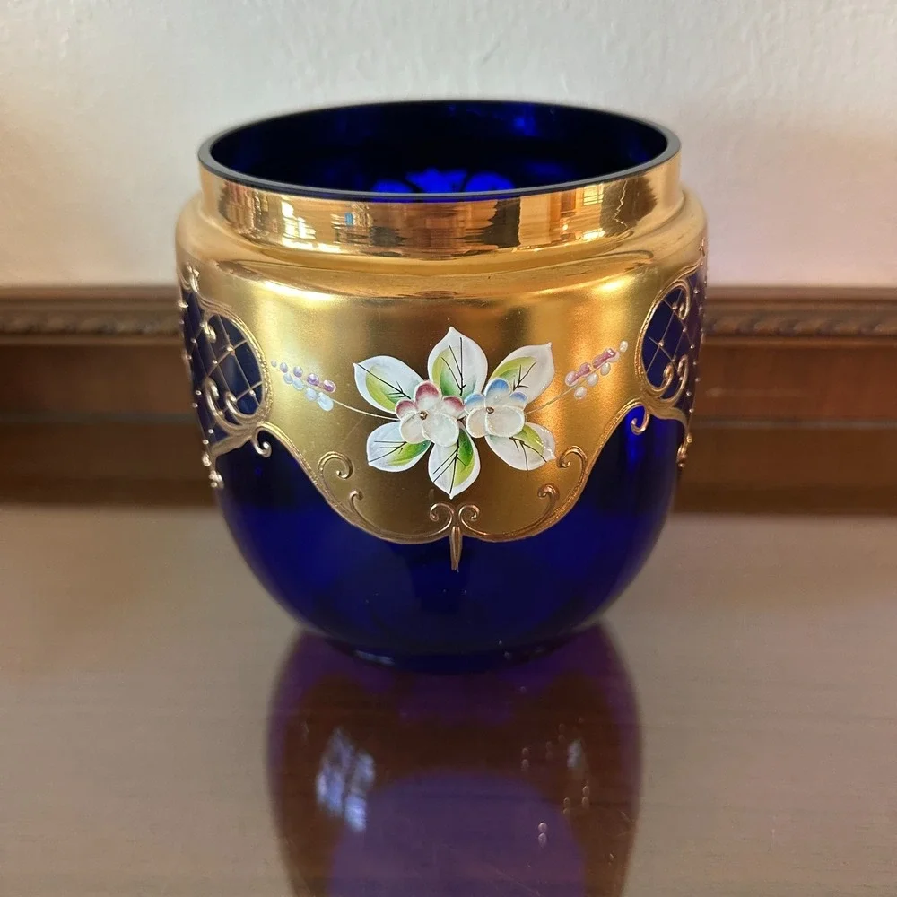 VTG Egermann Bohemian/Czech Cobalt Blue Vase Gold Gilded Enameled 3D Flowers 6.5